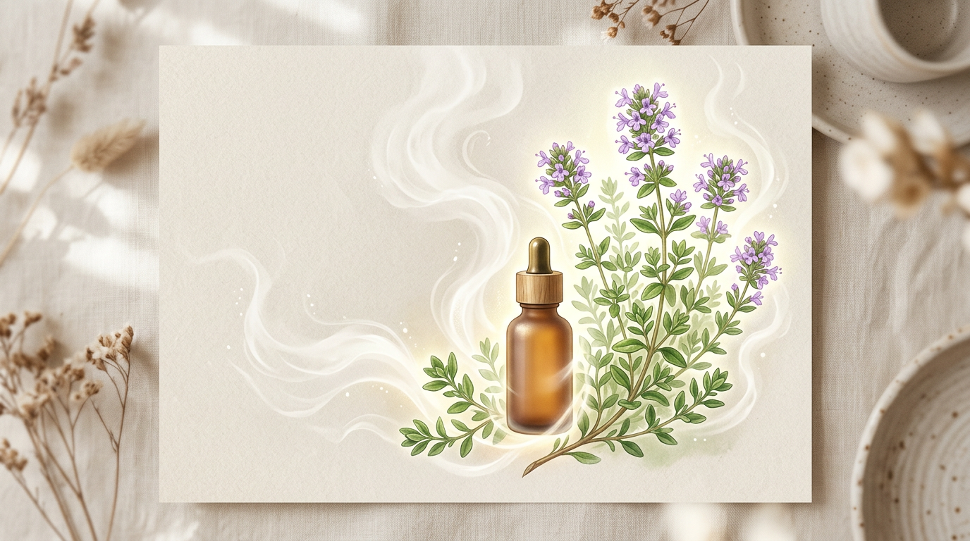 Ilustración elegante de una planta de tomillo florecida, con una botella de aceite esencial sutilmente integrada, evocando pureza y bienestar natural.