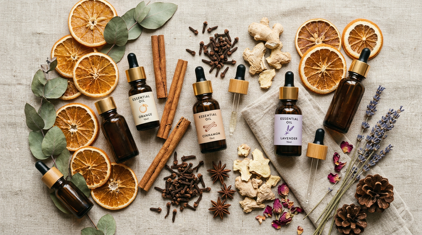 Una disposición editorial de botellas de aceites esenciales naturales y elementos botánicos secos como rodajas de naranja, ramas de canela, jengibre y