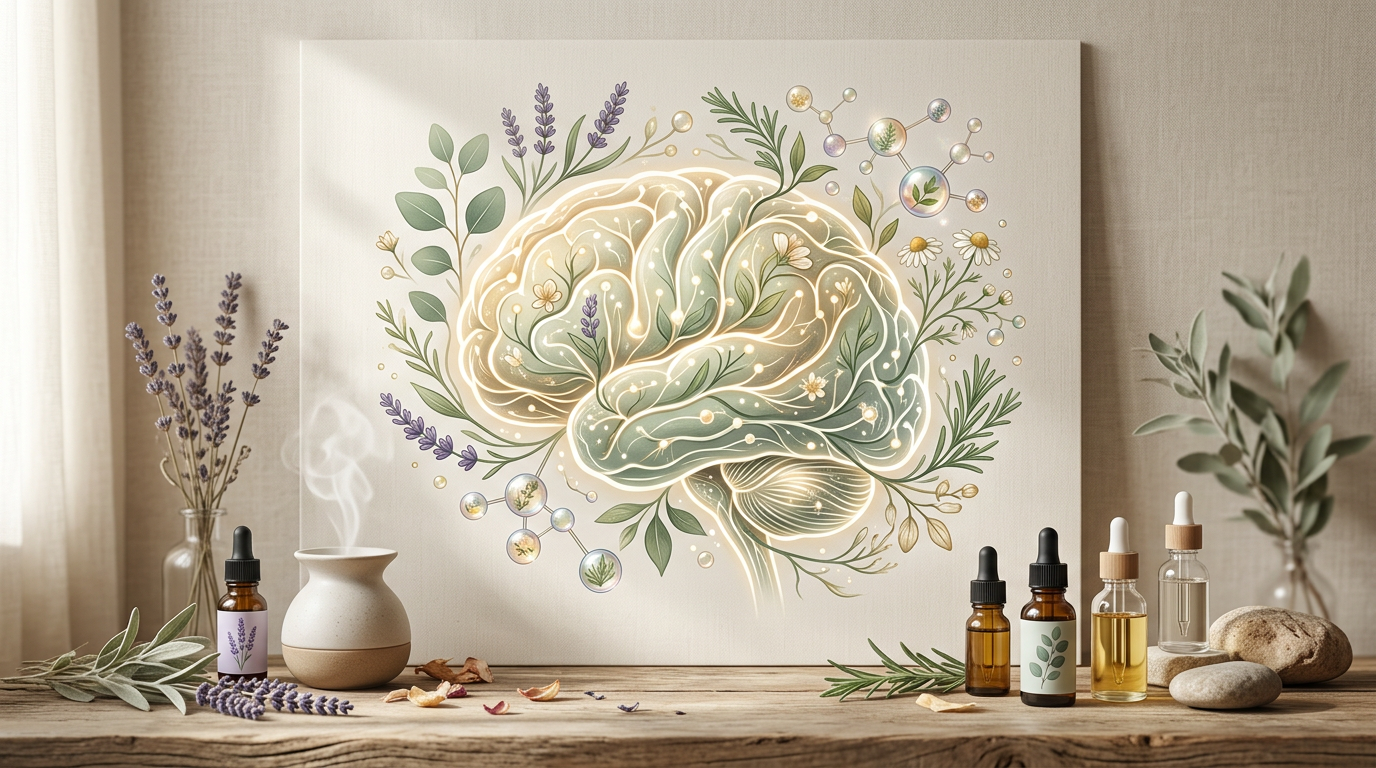 Un cerebro estilizado o red neuronal entrelazado con moléculas de aceites esenciales, sugiriendo claridad mental y percepción sensorial mejorada.