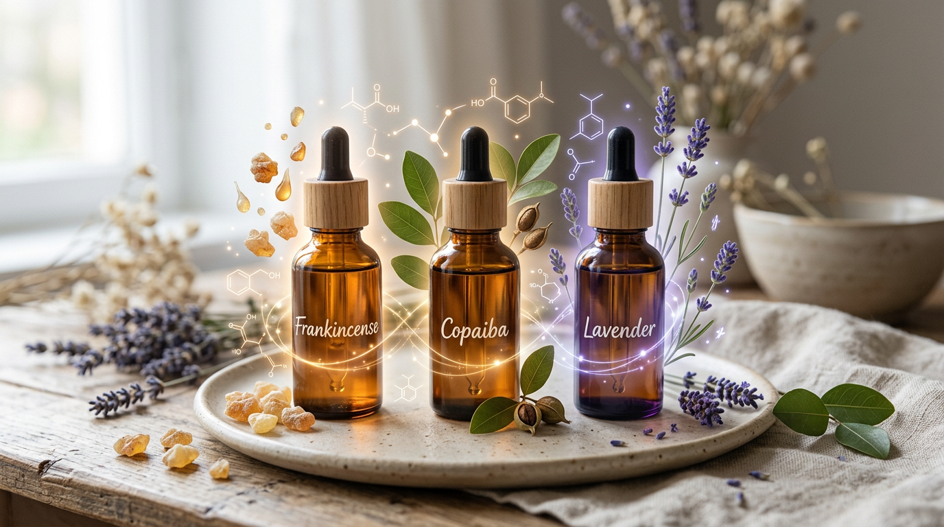 Tres frascos de aceites esenciales resplandecientes (Incienso, Copaiba, Lavanda) rodeados de señales químicas interconectadas y motivos vegetales, sim