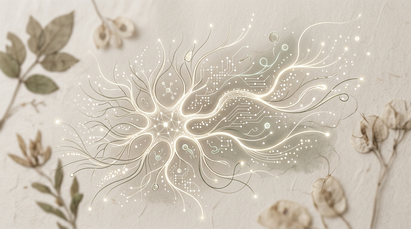 Una ilustración abstracta y elegante de vías neuronales luminosas entrelazadas con patrones geométricos, simbolizando la comunicación molecular y la d