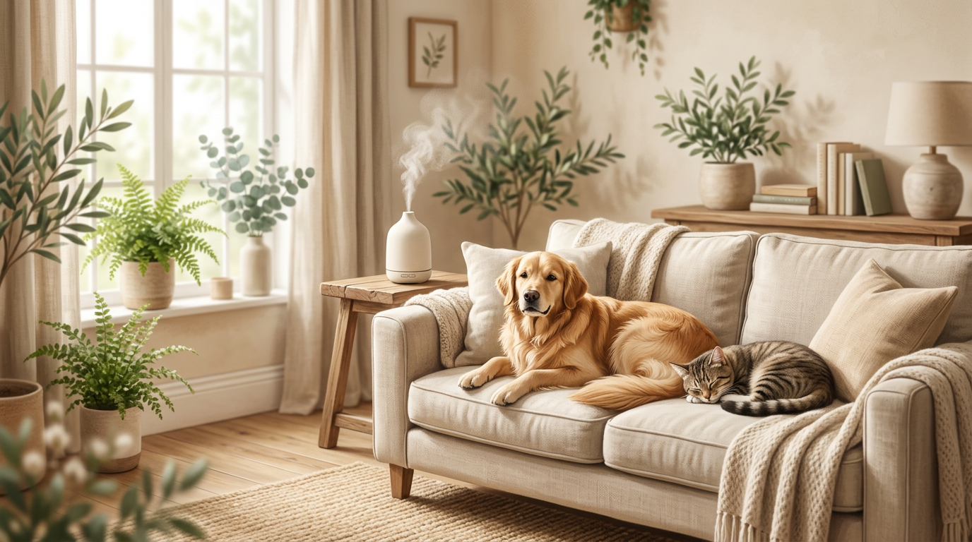 Ilustración de un acogedor salón con luz natural, un perro y un gato relajados. Un difusor natural sutil crea un ambiente de bienestar y armonía.