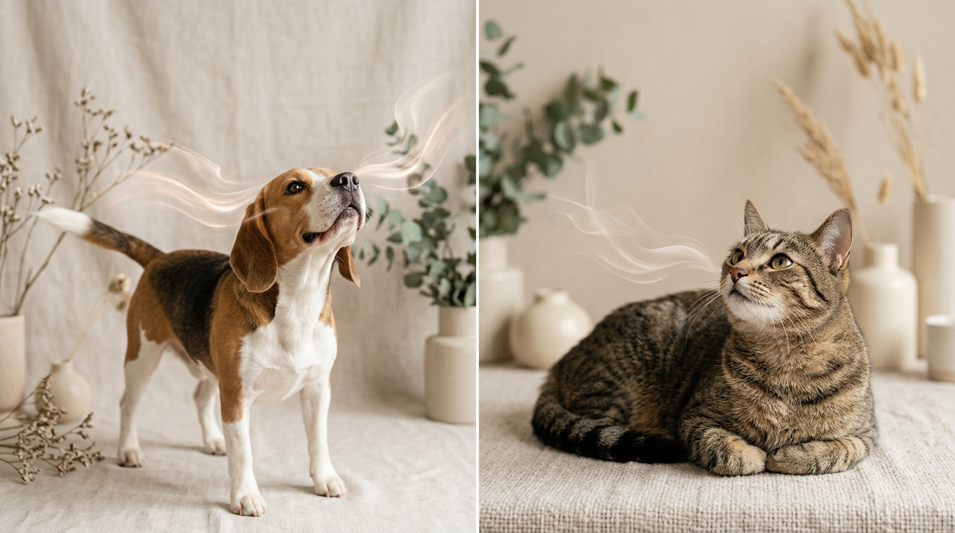 Ilustración dividida que muestra a un perro olfateando con gran intensidad y un gato relajado percibiendo aromas de forma más sutil, destacando la dif