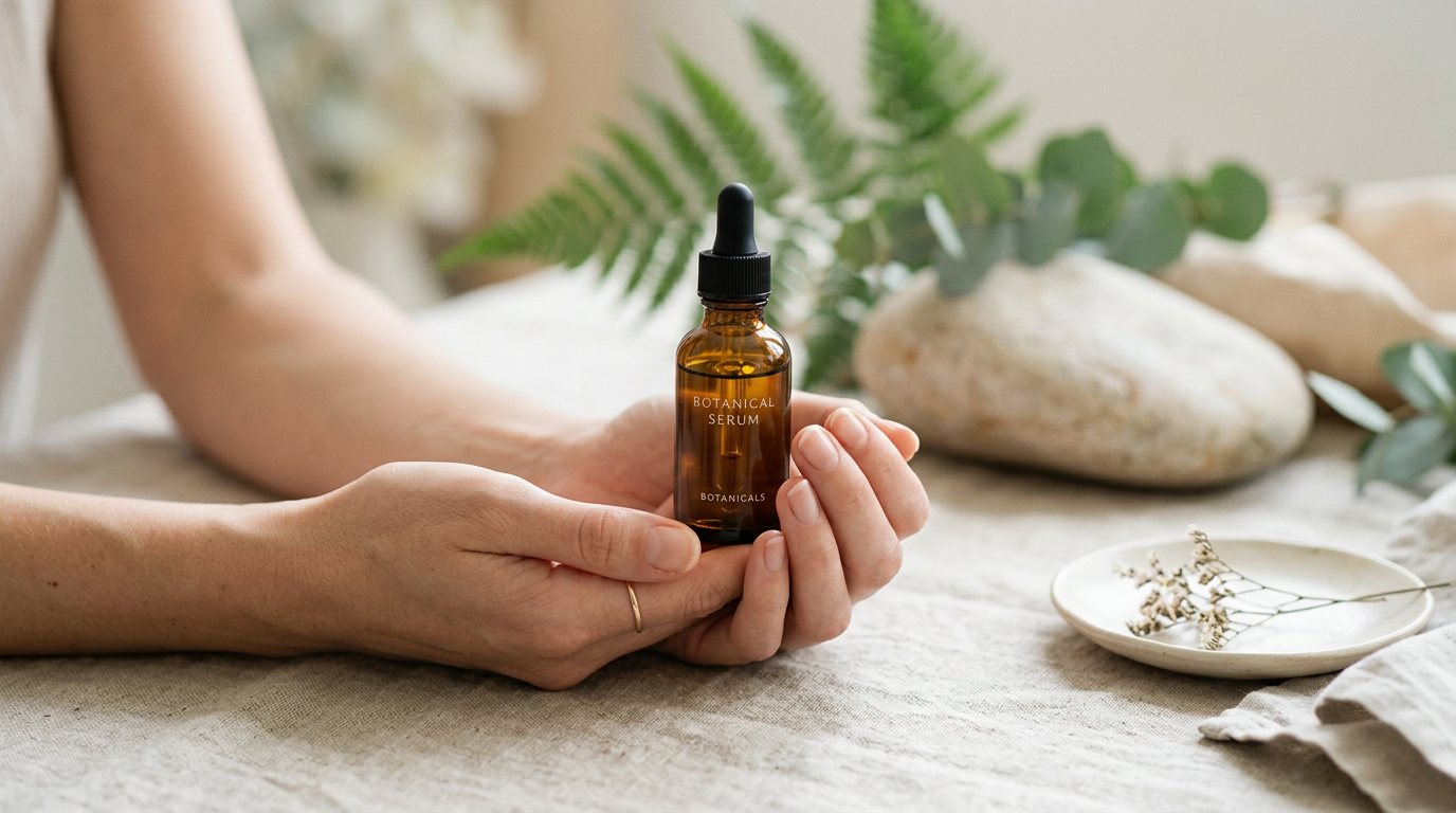 Manos femeninas sosteniendo con delicadeza un frasco cuentagotas de sérum botánico, transmitiendo calma y bienestar natural.
