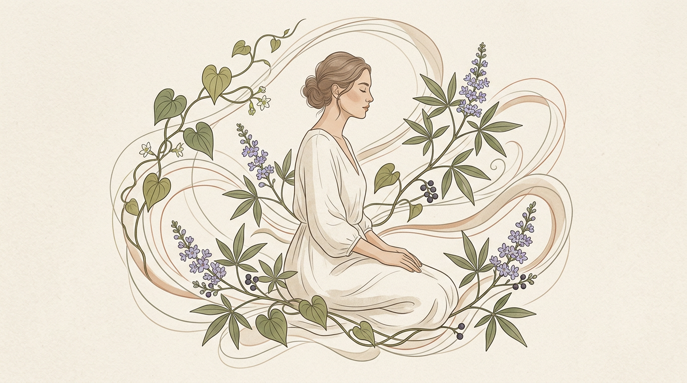 Ilustración elegante y minimalista de una mujer rodeada de formas fluidas y elementos botánicos, como el ñame silvestre y el árbol casto, en una palet