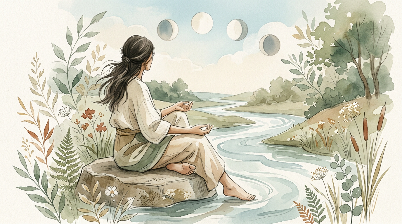 Una ilustración editorial que representa la armonía femenina. La imagen muestra una mujer serena en un entorno natural con sutiles referencias a ciclo