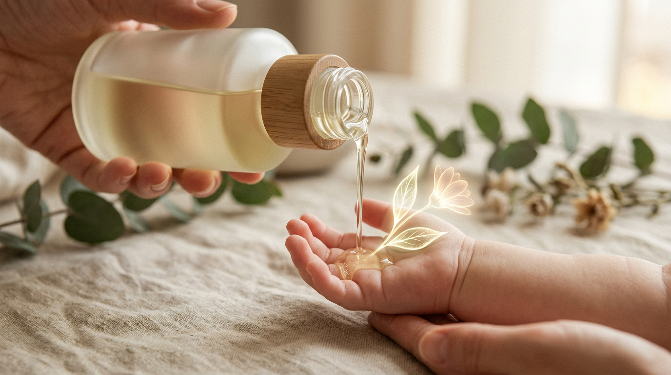 Ilustración editorial elegante de una mano de bebé recibiendo un chorro de producto natural de un frasco premium. El líquido se transforma en elemento