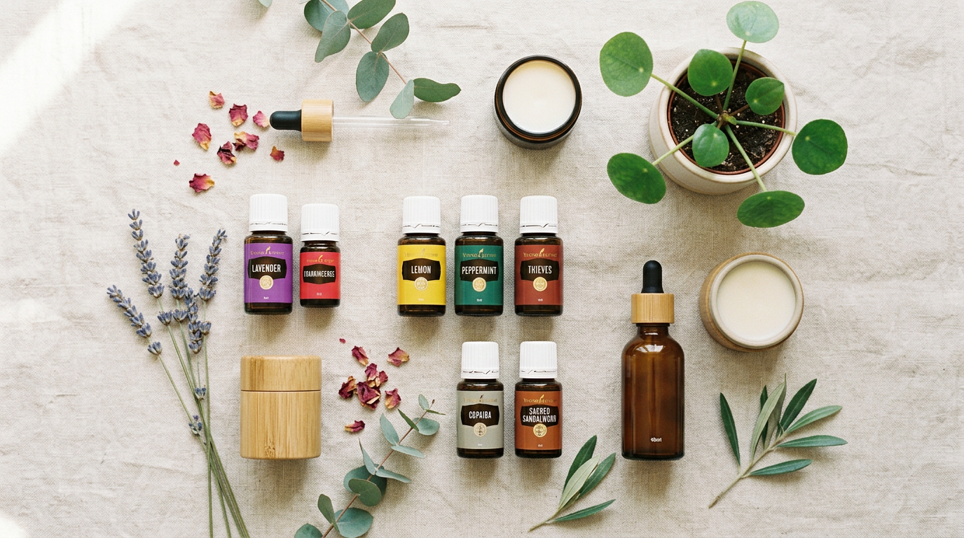 Un bodegón minimalista de aceites esenciales Young Living, productos naturales y una planta delicada sobre una superficie clara. Estilo wellness edito