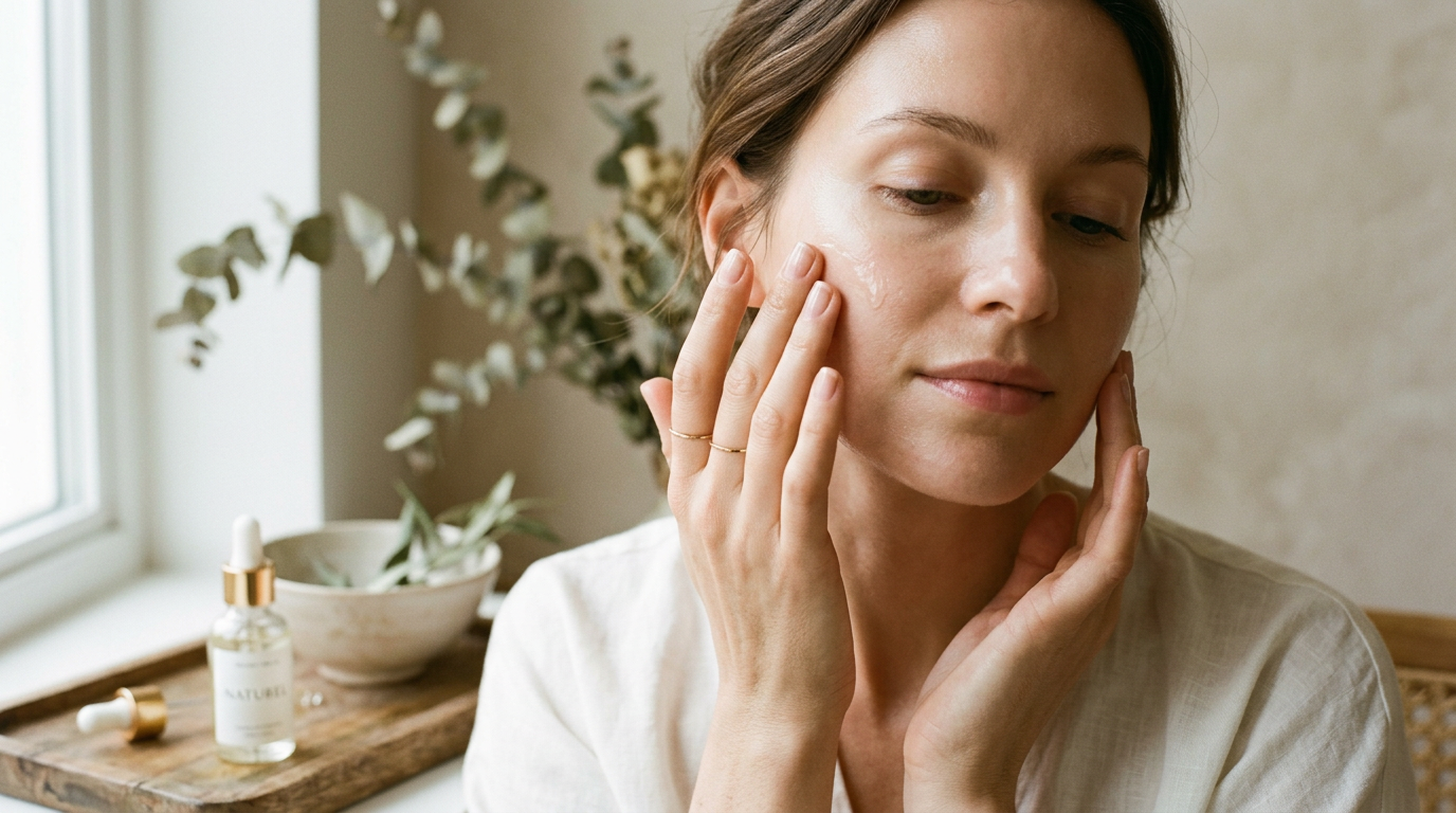 Manos de mujer aplicando suavemente un sérum facial natural. Piel limpia, texturas suaves, luz natural. Editorial, sereno y sofisticado.