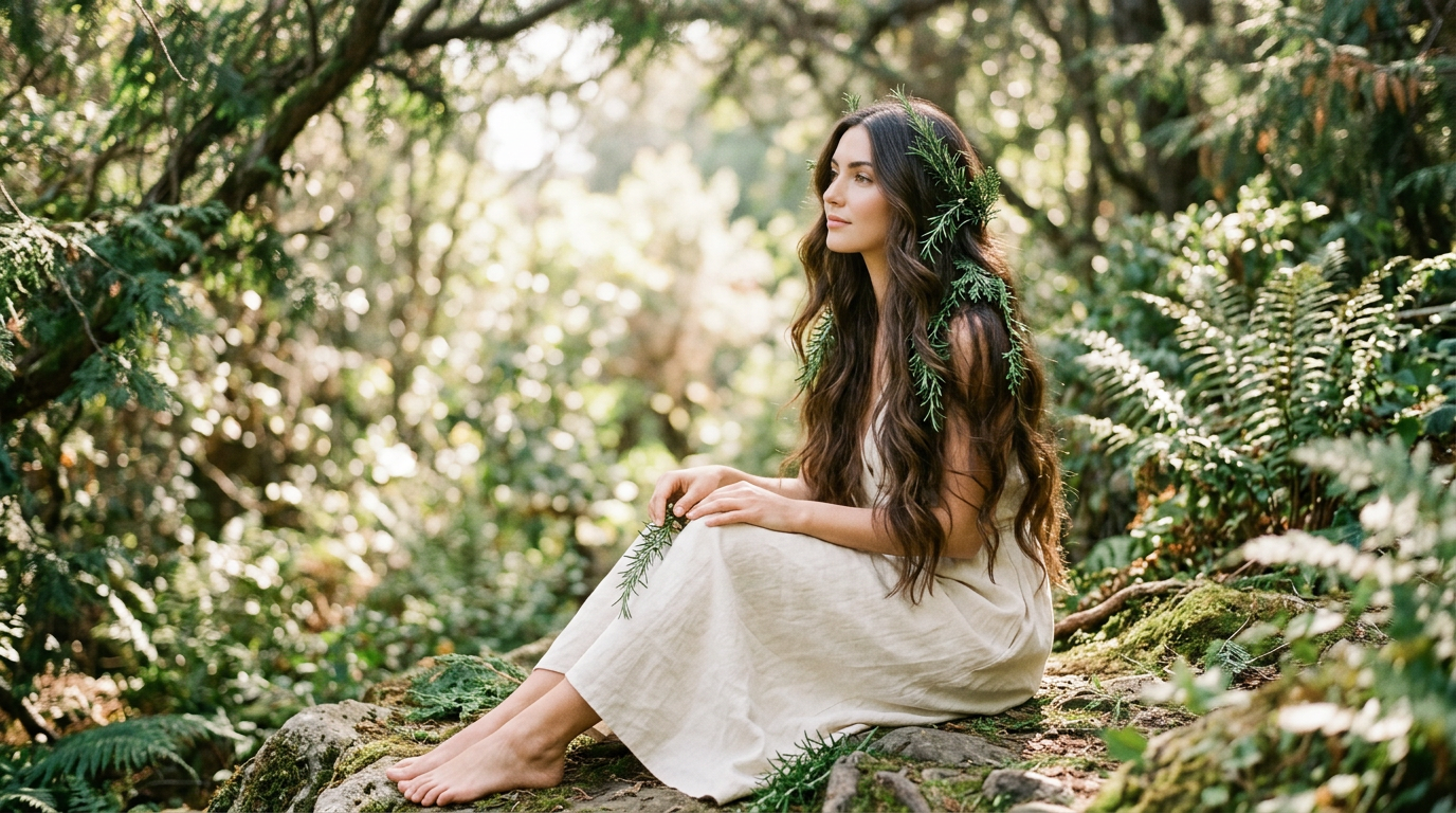Una mujer con cabello largo y saludable, rodeada de ramas de romero y cedro, en un entorno natural y sereno. La iluminación es suave, evocando una sen