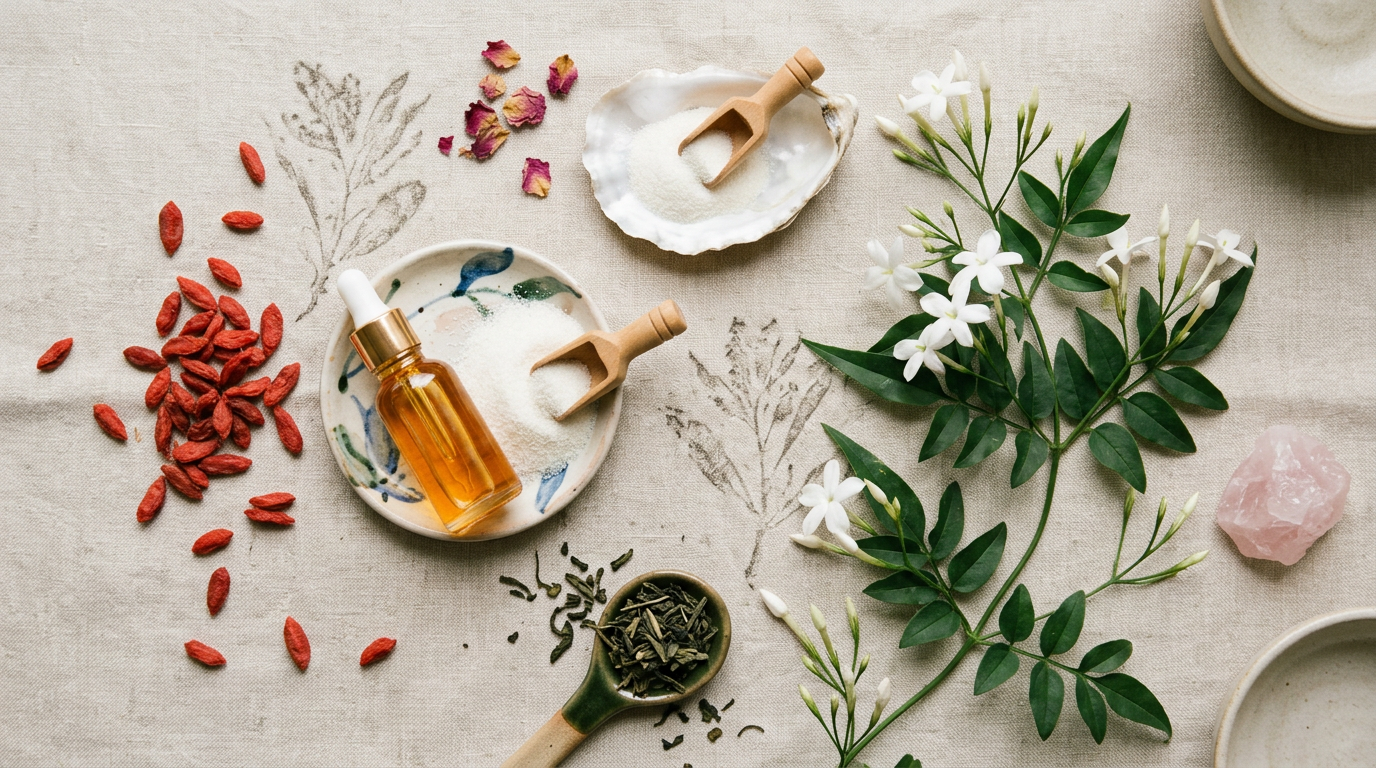 Una composición artística con productos e ingredientes naturales como colágeno marino, un gotero de aceite esencial, jazmín, hojas de té verde y bayas