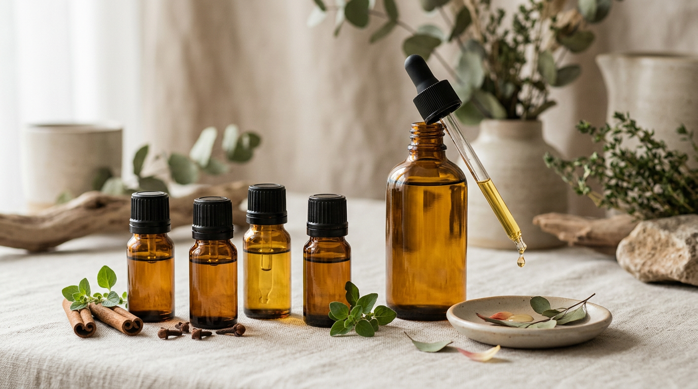 Ilustración editorial de varios aceites esenciales 'calientes' y un aceite portador, simbolizando la importancia de la dilución en aromaterapia.