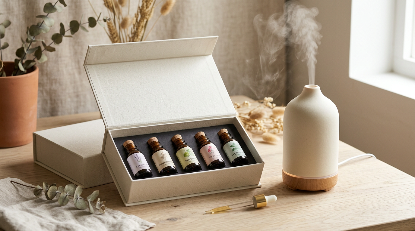 Una ilustración elegante y minimalista de una caja abierta de un kit de inicio de aceites esenciales premium, con frascos de vidrio y un difusor, todo