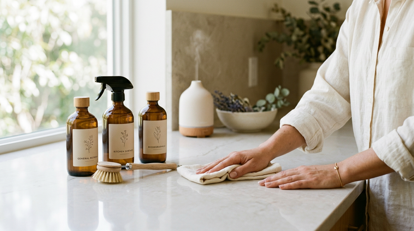 Una encimera de cocina limpia y elegante, con luz natural y botellas de productos de limpieza en cristal ámbar, mientras unas manos la limpian suaveme