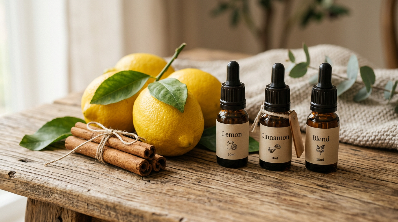 Primer plano de limones frescos y ramas de canela junto a elegantes botellas de aceites esenciales sobre una superficie de madera rústica.