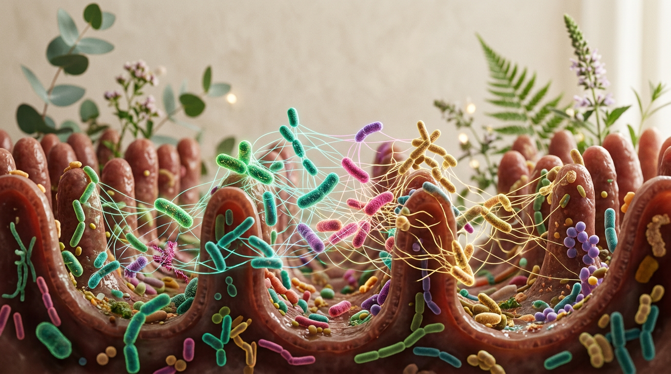 Ilustración abstracta de un microbioma intestinal vibrante y saludable, con diversas bacterias beneficiosas interactuando en un entorno digestivo armó