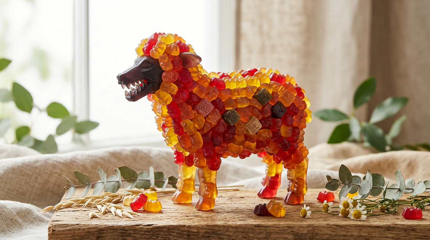 Representación conceptual de gomitas vitamínicas infantiles con forma animal, revelando símbolos ocultos de azúcar y colores artificiales.