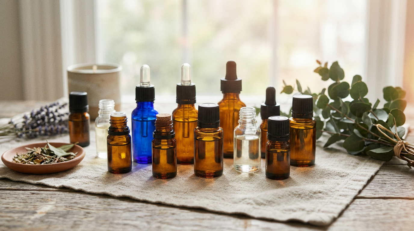 Una disposición armoniosa de varios frascos de aceites esenciales Young Living, bañados en luz suave con un aspecto tranquilo y natural.