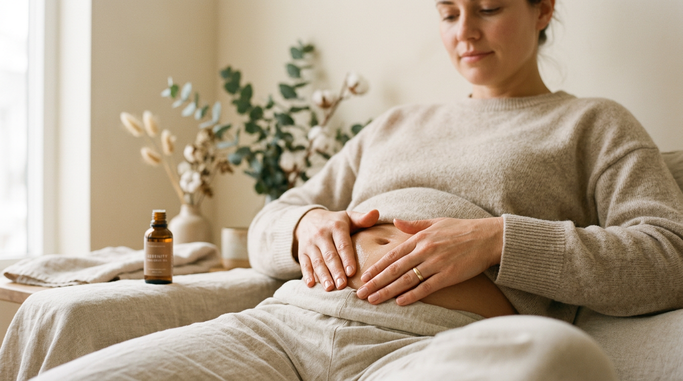 Manos de mujer masajeando el abdomen bajo con aceite esencial, transmitiendo una sensación de autocuidado y alivio con luz suave.