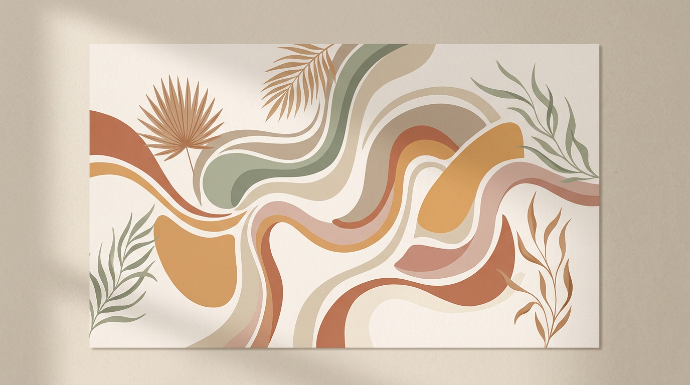 Ilustración abstracta con líneas fluidas y tonos tierra suaves, simbolizando el equilibrio hormonal y el bienestar emocional de la mujer.